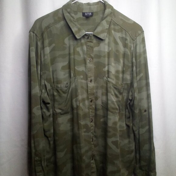 A. N. A. Button Up Shirt XL Blouse Long Sleeve Camo Green - Picture 1 of 14